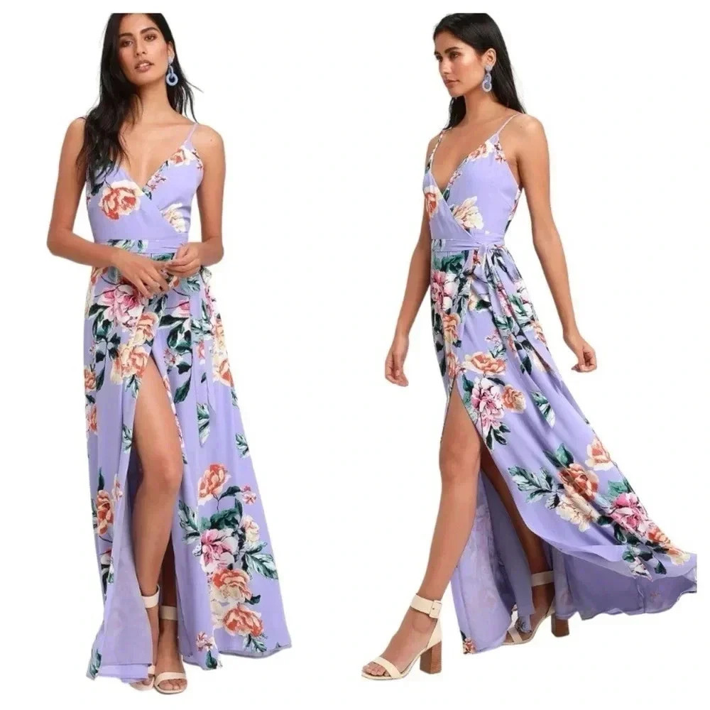 LULU’S | Floral Flirtation Lavender Floral Print Wrap Flowy Maxi Dress Size XS